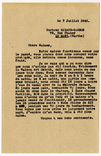 Courrier du 7 juillet 1945 relatant les bombardements vécus au Château de Bénouville, AD14, 2249W/271